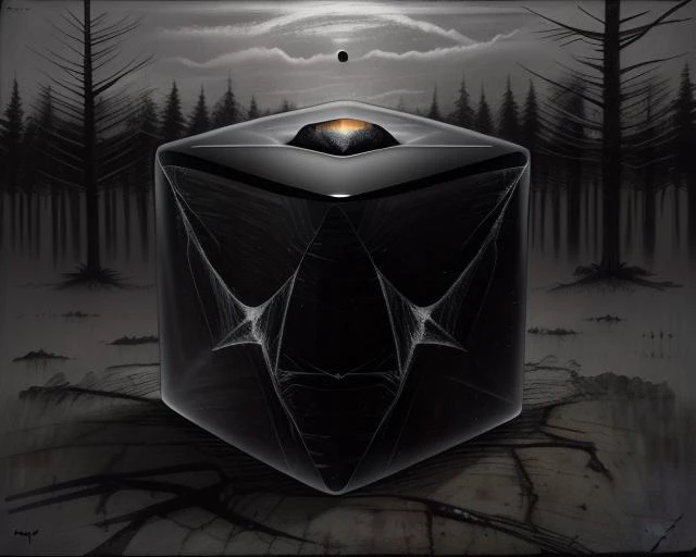 chalksketch,a black obsidian cube emits an ominous hum as it levitates in the air in the middle of a gloomy forest,surreal,trees,outdoors,sense of dread,apocalyptic,<lora:chalksketch15:1>
