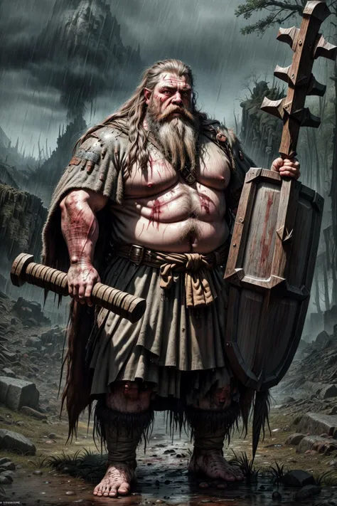 masterpiece, highly detailed, ultra realistic, epic high fantasy style dwarf with very long beard carrying a giant battle (spear axe hammer club and shield), wearing cloak, (battle scars:1.2), (bloodied:1.2), rugged, rain, wet ground, dark creepy horror background, gritty, gloomy, dim lighting <lora:epi_noiseoffset2:0.8> <lora:more_details:0.8>