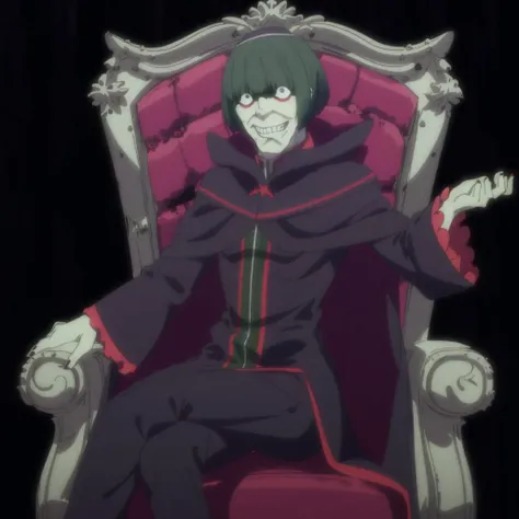best quality, highres, ultra-detailed, <lora:Petelgeuse:0.7>, Petelgeuse, dark robe, 1boy, bangs, green hair, short hair, teeth, solo, wide-eyed, dark pants, cape, sitting in royal chair,smile, happy, dark background