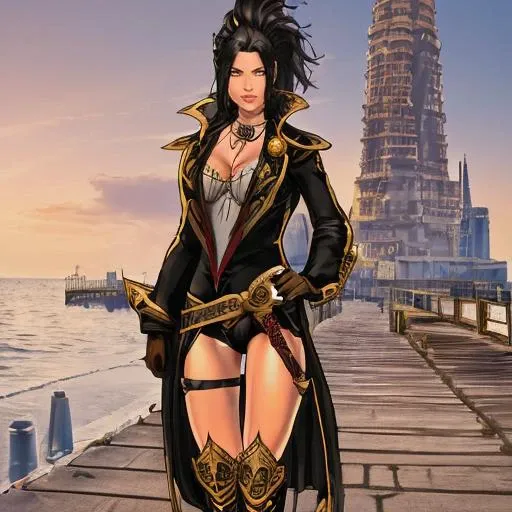 ((a woman walking on a old pier)) <lora:BlackfangLora:0.8>1girl, black hair, ponytail, jewelry, necklace, cleavage, long hair, coat, boots, brown eyes, gloves, belt, beautiful eyes, beautiful girl, high detail skin, high detail eyes, high detail hair, ((highres, ultra detailed, <lora:MTMSImagineComicsStyleV2Lora:0.7> mtms,