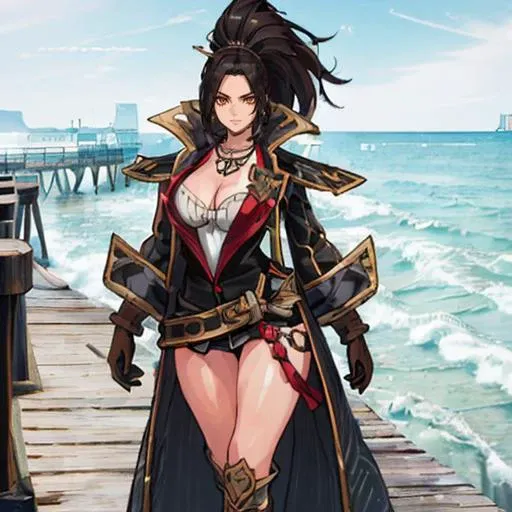 ((a woman walking on a old pier with sea in background, portrait:1.2)) <lora:BlackfangLora:0.8> black hair, ponytail, jewelry, necklace, cleavage, long hair, coat, boots, brown eyes, gloves, belt, beautiful eyes, beautiful girl, high detail skin, high detail eyes, high detail hair, ((highres, ultra detailed,