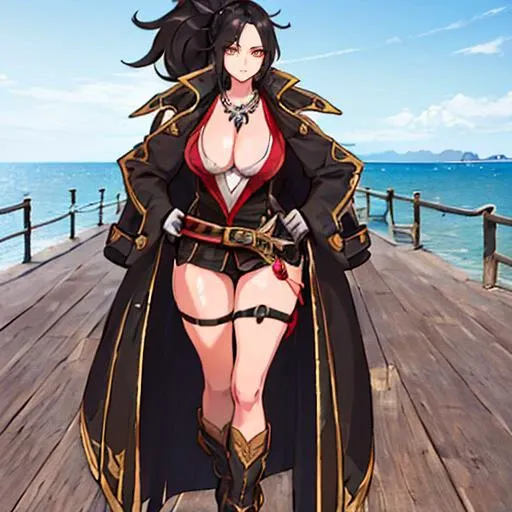 ((a woman walking on a old pier with sea in background)) <lora:BlackfangLora:0.6> black hair, ponytail, jewelry, necklace, cleavage, long hair, coat, boots, brown eyes, gloves, belt, beautiful eyes, beautiful girl, high detail skin, high detail eyes, high detail hair, ((highres, ultra detailed,