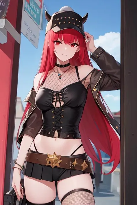 young girl, long red hair, punk haircut, turquoise eyes, Scars, punk make-up, leather jacket, Burns, ripped clothes, madness, smirk, Masterpiece, highly quality, show ass, tiny ass, thin leg