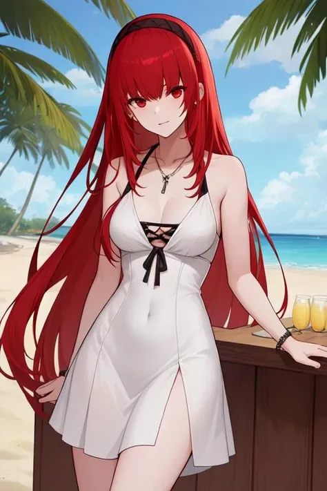 best quality, masterpiece, <lora:VeraPGR:0.7>verapgr_rozen, mole, (white dress:1.2), jewelry, hairband, beach, palm tree, lemonade,