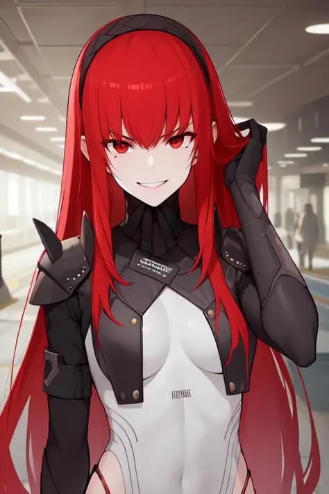 best quality, masterpiece, <lora:VeraPGR:0.7>verapgr_rozen, shoulder armor, white bodysuit, hairband, mole, looking at viewer, evil smile, hand up, hand in hair, upper body, metal, underground