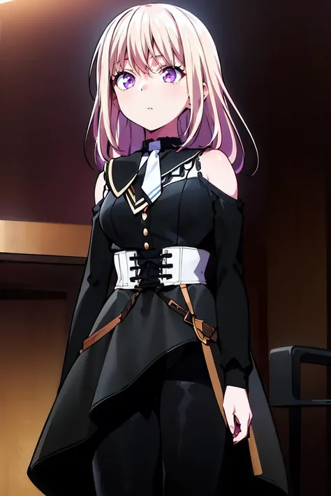 (masterpiece, best quality), 1girl, <lora:misumiuika2:1> misumi uika, black dress, sleeveless dress, bare shoulders, bare arms, belt, white belt, white necktie, || misumi uika, doloris, shoulder cutout, black pants, corset, long sleeves, bare shoulders, black dress, puffy long sleeves, black shirt, belt, choker, white ascot,