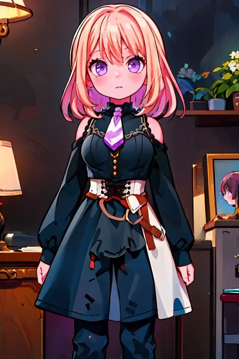(masterpiece, best quality), 1girl, <lora:misumiuika2:1> misumi uika, black dress, sleeveless dress, bare shoulders, bare arms, belt, white belt, white necktie, || misumi uika, doloris, shoulder cutout, black pants, corset, long sleeves, bare shoulders, black dress, puffy long sleeves, black shirt, belt, choker, white ascot,