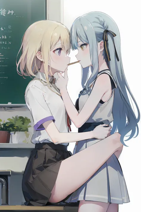 best quality,masterpiece,absurdres,two female,
looking at another,facing another,hands on another's waist,bare legs,yuri,PIXIV,Finger Sucking,leg lock,
(blush:1.1),
ADDCOMM,
<lora:char-mygoä¸è§åè¯ Misumi Uika (Bang dream! Ave Mujica):0.7:lbw=1,0,0,0,0,0,1,1,1,1,1,0,0,0,0,0,0>,
misumi uika,bright blonde hair,purple eyes,another's finger in mouth,drooling,sitting on desk,white shirt,short sleeves,brown_skirt,flat chest,(long hair:0.1),
ADDCOL,
<lora:char-mygo_丰å·ç¥¥åtogawa_sakiko_bangdreamitsmygo:0.7:lbw=1,0,0,0,0,0,0,0,1,1,1,1,0,0,0,0,0>,togawa_sakiko_bangdreamitsmygo,人-mygo-mygo_丰å·ç¥¥åtogawa_sakiko_bangdreamitsmygo,
long_hair,ribbon,hair_ribbon,bangs,black_ribbon,yellow_eyes,grey_hair,sidelocks,blue_hair,flat chest,white_dress,, masterpiece, best quality,absurdres,1girl,solo,front view,white background,looking_at_viewer,eye contact,