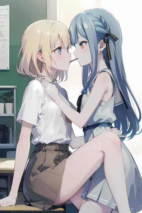 best quality,masterpiece,absurdres,two female,
looking at another,facing another,hands on another's waist,bare legs,yuri,incoming pocky kiss,PIXIV,leg lock,
(blush:1.1),
ADDCOMM,
<lora:char-mygoä¸è§åè¯ Misumi Uika (Bang dream! Ave Mujica):0.7:lbw=1,0,0,0,0,0,1,1,1,1,1,0,0,0,0,0,0>,
misumi uika,bright blonde hair,purple eyes,another's finger in mouth,drooling,sitting on desk,white shirt,short sleeves,brown_skirt,flat chest,(long hair:0.1),
ADDCOL,
<lora:char-mygo_ä¸°å·ç¥¥å­togawa_sakiko_bangdreamitsmygo:0.7:lbw=1,0,0,0,0,0,0,0,1,1,1,1,0,0,0,0,0>,togawa_sakiko_bangdreamitsmygo,äºº-mygo-mygo_ä¸°å·ç¥¥å­togawa_sakiko_bangdreamitsmygo,
long_hair,ribbon,hair_ribbon,bangs,black_ribbon,yellow_eyes,sidelocks,blue_hair,flat chest,white_dress,incoming pocky kiss,, masterpiece, best quality,absurdres,1girl,solo,front view,white background,looking_at_viewer,eye contact,