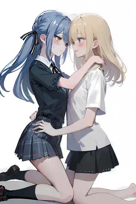 best quality,masterpiece,absurdres,two female,
looking at another,facing another,hands on another's waist,bare legs,yuri,PIXIV,(Finger Sucking:0.9),leg lock,
(blush:1.1),
ADDCOMM,
<lora:char-mygoä¸è§åè¯ Misumi Uika (Bang dream! Ave Mujica):0.7:lbw=1,0,0,0,0,0,1,1,1,1,1,0,0,0,0,0,0>,
misumi uika,bright blonde hair,purple eyes,another's finger in mouth,drooling,sitting on desk,white shirt,short sleeves,brown_skirt,flat chest,(long hair:0.1),
ADDCOL,
<lora:char-mygo_丰å·ç¥¥åtogawa_sakiko_bangdreamitsmygo:0.7:lbw=1,0,0,0,0,0,0,0,1,1,1,1,0,0,0,0,0>,togawa_sakiko_bangdreamitsmygo,人-mygo-mygo_丰å·ç¥¥åtogawa_sakiko_bangdreamitsmygo,
long_hair,ribbon,hair_ribbon,bangs,black_ribbon,yellow_eyes,sidelocks,blue_hair,black neck ribbon,white collared shirt,buttons,frilled shirt,grey plaid skirt,flat chest,, masterpiece, best quality,absurdres,1girl,solo,front view,white background,looking_at_viewer,eye contact,