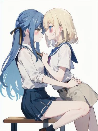 best quality,masterpiece,absurdres,2girls,yuri,from side,facing another,
looking at another,hug,bare legs,PIXIV,white background,<lora:style-ç¾åè±å¼yuri Lora:0.5:lbw=0,0,0,0,0,0,1,1,0,0,0,0,0,0,0,0,0>,
blush,embarrass,shy,
ADDCOMM,
sitting,Wrap legs around someone's waist,
<lora:char-mygo_ä¸°å·ç¥¥å­togawa_sakiko_bangdreamitsmygo:0.7:lbw=0,0,0,0,0,0,0,0,1,1,1,1,0,0,0,0,0>,togawa_sakiko_bangdreamitsmygo,äºº-mygo-mygo_ä¸°å·ç¥¥å­togawa_sakiko_bangdreamitsmygo,
yellow eyes,long_hair,ribbon,(hair_ribbon:1.1),bangs,black_ribbon,sidelocks,blue_hair,black neck ribbon,white collared shirt,buttons,frilled shirt,miniskirt,flat chest,
ADDCOL,
<lora:char-mygoä¸è§åè¯ Misumi Uika (Bang dream! Ave Mujica):0.7:lbw=1,0,0,0,0,0,0,0,1,1,0,0,0,0,0,0,0>,
misumi uika,bright blonde hair,purple eyes,
shoulder length hair,white shirt,miniskirt,black_loafers,short sleeves,flat chest,elder sister,