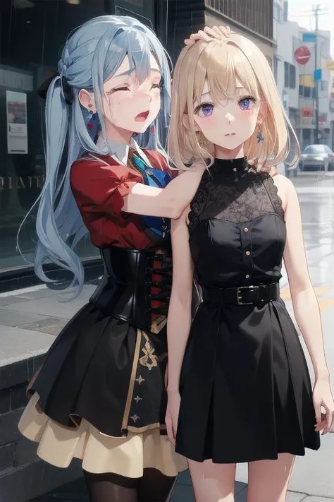 2GIRLS,(yuri:0.6),PIXIV,facing another,teardrop,tears,standing,
masterpiece,best quality,absurdres,
pouring rain,heavy rain,water drop,wet hair,skinny face,black_crystal_earrings,
ADDCOMM,
<lora:char-mujica祥å:0.6:lbw=1,0,0,0,0,1,1,0,1,1,1,0,0,0,0,0,0>,blue hair,crying,open_mouth,closed eyes,hug,<lora:detail-åCrying Asagiri Aya Meme:0.5:lbw=1,0,0,0,0,1,1,0,0,1,1,0,0,0,0,0,0>,
togawa sakiko,oblivionis,black gloves,pantyhose,braid,corset,sidelocks,layered dress,ascot,puffy short sleeves,brooch,red shirt,frills,underbust,flat chest,
ADDCOL,
touch another's head,
<lora:char-mygoä¸è§åè¯ Misumi Uika (Bang dream! Ave Mujica):0.7:lbw=1,0,0,0,0,0,0,0,1,1,0,0,0,0,0,0,0>,misumi uika,purple eyes,bright blonde hair,shoulder length hair,short hair,
misumi uika,black dress,sleeveless dress,belt,white belt,choker,white necktie,bare arms,flat chest,frustrated,disappointed,endured_face,