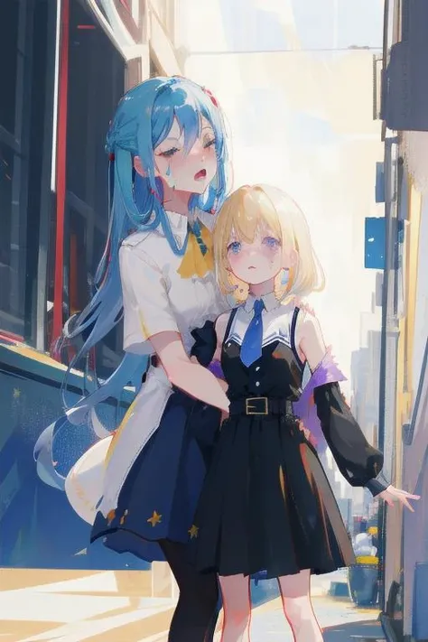 2GIRLS,(yuri:1),PIXIV,facing another,teardrop,tears,standing,
masterpiece,best quality,absurdres,
counting_star,night,starry sky,shooting star,
head_up,Hand in hand
ADDCOMM,
<lora:char-mujica祥å:0.7:lbw=1,0,0,0,0,1,1,0,1,1,1,0,0,0,0,0,0>,blue hair,crying,open_mouth,closed eyes,hug,<lora:detail-åCrying Asagiri Aya Meme:0.5:lbw=1,0,0,0,0,1,1,0,0,1,1,0,0,0,0,0,0>,
togawa sakiko,oblivionis,black gloves,pantyhose,braid,corset,sidelocks,layered dress,ascot,puffy short sleeves,brooch,red shirt,frills,underbust,flat chest,
ADDCOL,
<lora:char-mygoä¸è§åè¯ Misumi Uika (Bang dream! Ave Mujica):0.7:lbw=1,0,0,0,0,0,0,0,1,1,0,0,0,0,0,0,0>,misumi uika,purple eyes,bright blonde hair,shoulder length hair,short hair,
misumi uika,black dress,sleeveless dress,belt,white belt,choker,white necktie,bare arms,flat chest,frustrated,disappointed,endured_face,