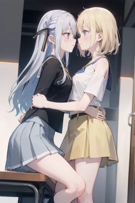 best quality,masterpiece,absurdres,2girls,yuri,from side,facing another,
looking at another,hug,bare legs,PIXIV,<lora:style-ç¾åè±å¼yuri Lora:0.5:lbw=0,0,0,0,0,0,1,1,0,0,0,0,0,0,0,0,0>,
(blush:1.1),
ADDCOMM,
sitting on desk edge,
<lora:char-mygo_ä¸°å·ç¥¥å­togawa_sakiko_bangdreamitsmygo:0.7:lbw=0,0,0,0,0,0,0,0,1,1,1,1,0,0,0,0,0>,togawa_sakiko_bangdreamitsmygo,äºº-mygo-mygo_ä¸°å·ç¥¥å­togawa_sakiko_bangdreamitsmygo,embarrass,parted lips,shy,
yellow eyes,(black_ribbon:1.1),light blue hair,(ribbon:1.1),(hair_ribbon:1.1),long_hair,bangs,sidelocks,short socks,black_loafers,miniskirt,frilled shirt,flat chest,
ADDCOL,
standing,Frontal Pick someone up,
<lora:char-mygoä¸è§åè¯ Misumi Uika (Bang dream! Ave Mujica):0.7:lbw=1,0,0,0,0,0,0,0,1,1,0,0,0,0,0,0,0>,
misumi uika,bright blonde hair,purple eyes,elder sister,
shorter hair,white shirt,dark yellow skirt,short sleeves,bare shoulders,flat chest,