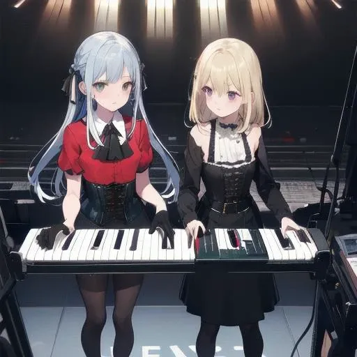 2GIRLS,looking_at_another,Skinny face,full body,(playing electronic keyboard:1.5),playing instrument,standing on stage,looking at another, 
masterpiece,best quality,absurdres,standing on stage,
ADDCOMM,
<lora:char-mujicaç¥¥å­:0.7:lbw=1,0,0,0,0,1,1,0,1,1,1,0,0,0,0,0,0>,playing electronic keyboard,
yellow eyes,(black_ribbon:1),light blue hair,(ribbon:1),(hair_ribbon:1),long_hair,bangs,sidelocks,togawa sakiko,oblivionis,black gloves,pantyhose,braid,corset,layered dress,ascot,puffy short sleeves,brooch,red shirt,frills,underbust,flat chest,
ADDCOL,
<lora:char-mygoä¸è§åè¯ Misumi Uika (Bang dream! Ave Mujica):0.7:lbw=1,0,0,0,0,0,0,0,1,1,0,0,0,0,0,0,0>,misumi uika,elder sister,
bright blonde hair,purple eyes,singing,
misumi uika,doloris,shoulder cutout,black pants,corset,long sleeves,bare shoulders,black dress,puffy long sleeves,black shirt,belt,choker,white ascot,flat chest,