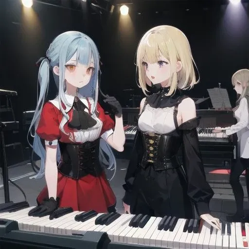 2GIRLS,looking_at_another,Skinny face,full body,(playing electronic keyboard:1.5),playing instrument,standing on stage,looking at another,
masterpiece,best quality,absurdres,standing on stage,
ADDCOMM,
<lora:char-mujica祥å:0.7:lbw=1,0,0,0,0,1,1,0,1,1,1,0,0,0,0,0,0>,playing electronic keyboard,
yellow eyes,togawa sakiko,oblivionis,black gloves,pantyhose,braid,corset,layered dress,ascot,puffy short sleeves,brooch,red shirt,frills,underbust,flat chest,
ADDCOL,
<lora:char-mygoä¸è§åè¯ Misumi Uika (Bang dream! Ave Mujica):0.7:lbw=1,0,0,0,0,0,0,0,1,1,0,0,0,0,0,0,0>,misumi uika,elder sister,singing,
bright blonde hair,purple eyes,
misumi uika,doloris,shoulder cutout,black pants,corset,long sleeves,bare shoulders,black dress,puffy long sleeves,black shirt,belt,choker,white ascot,flat chest,