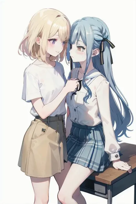 best quality,masterpiece,absurdres,two female,
looking at another,bare legs,yuri,PIXIV,white background,
(heart-shaped_pupils:0.5),ADDCOMM,
<lora:char-mygoä¸è§åè¯ Misumi Uika (Bang dream! Ave Mujica):0.7:lbw=1,0,0,0,0,0,1,1,1,1,1,0,0,0,0,0,0>,
misumi uika,bright blonde hair,purple eyes,shoulder length hair,brown_skirt,white shirt,short sleeves,flat chest,hands on another's head,standing,smile,
ADDCOL,
<lora:char-mygo_ä¸°å·ç¥¥å­togawa_sakiko_bangdreamitsmygo:0.7:lbw=1,0,0,0,0,0,1,0,1,1,1,1,0,0,0,0,0>,togawa_sakiko_bangdreamitsmygo,äºº-mygo-mygo_ä¸°å·ç¥¥å­togawa_sakiko_bangdreamitsmygo,
yellow_eyes,long_hair,ribbon,hair_ribbon,bangs,black_ribbon,sidelocks,blue_hair,blush,embarrass,shy,sitting on desk,black neck ribbon,white collared shirt,buttons,frilled shirt,grey plaid skirt,flat chest,, masterpiece, best quality,absurdres,1girl,solo,front view,white background,looking_at_viewer,eye contact,
