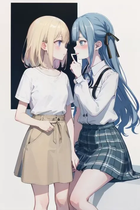 best quality,masterpiece,absurdres,two female,
looking at another,hands on another's waist,bare legs,yuri,PIXIV,white background,
(blush:1.1),shylily,shy,
(heart-shaped_pupils:0.5),ADDCOMM,
<lora:char-mygoä¸è§åè¯ Misumi Uika (Bang dream! Ave Mujica):0.7:lbw=1,0,0,0,0,0,1,1,1,1,1,0,0,0,0,0,0>,
misumi uika,bright blonde hair,purple eyes,shoulder length hair,brown_skirt,white shirt,short sleeves,flat chest,standing,
ADDCOL,
<lora:char-mygo_丰å·ç¥¥åtogawa_sakiko_bangdreamitsmygo:0.7:lbw=1,0,0,0,0,0,1,0,1,1,1,1,0,0,0,0,0>,togawa_sakiko_bangdreamitsmygo,人-mygo-mygo_丰å·ç¥¥åtogawa_sakiko_bangdreamitsmygo,
long_hair,ribbon,hair_ribbon,bangs,black_ribbon,yellow_eyes,sidelocks,blue_hair,Finger Sucking,drooling,sitting on desk,black neck ribbon,white collared shirt,buttons,frilled shirt,grey plaid skirt,flat chest,, masterpiece, best quality,absurdres,1girl,solo,front view,white background,looking_at_viewer,eye contact,
