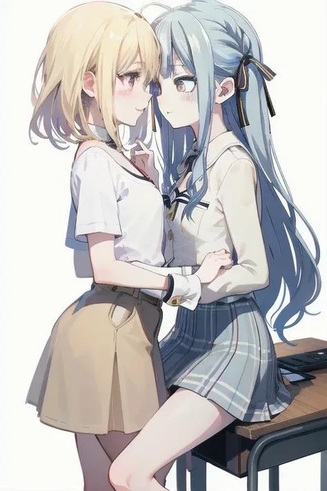 best quality,masterpiece,absurdres,two female,
looking at another,hands on another's head,bare legs,yuri,PIXIV,white background,
(heart-shaped_pupils:0.5),ADDCOMM,
<lora:char-mygoä¸è§åè¯ Misumi Uika (Bang dream! Ave Mujica):0.7:lbw=1,0,0,0,0,0,1,1,1,1,1,0,0,0,0,0,0>,
misumi uika,bright blonde hair,purple eyes,shoulder length hair,brown_skirt,white shirt,short sleeves,flat chest,standing,smile,
ADDCOL,
<lora:char-mygo_丰å·ç¥¥åtogawa_sakiko_bangdreamitsmygo:0.7:lbw=1,0,0,0,0,0,1,0,1,1,1,1,0,0,0,0,0>,togawa_sakiko_bangdreamitsmygo,人-mygo-mygo_丰å·ç¥¥åtogawa_sakiko_bangdreamitsmygo,
long_hair,ribbon,hair_ribbon,bangs,black_ribbon,yellow_eyes,sidelocks,blue_hair,blush,shy,sitting on desk,black neck ribbon,white collared shirt,buttons,frilled shirt,grey plaid skirt,flat chest,, masterpiece, best quality,absurdres,1girl,solo,front view,white background,looking_at_viewer,eye contact,