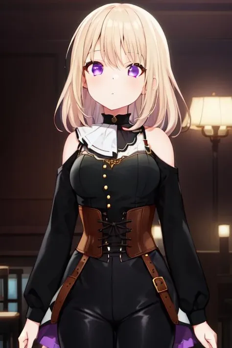 1girl, solo, masterpiece, best quality, <lora:misumiuika2:0.85>, misumi uika, doloris, shoulder cutout, black pants, corset, long sleeves, bare shoulders, black dress, puffy long sleeves, black shirt, belt, choker, white ascot,