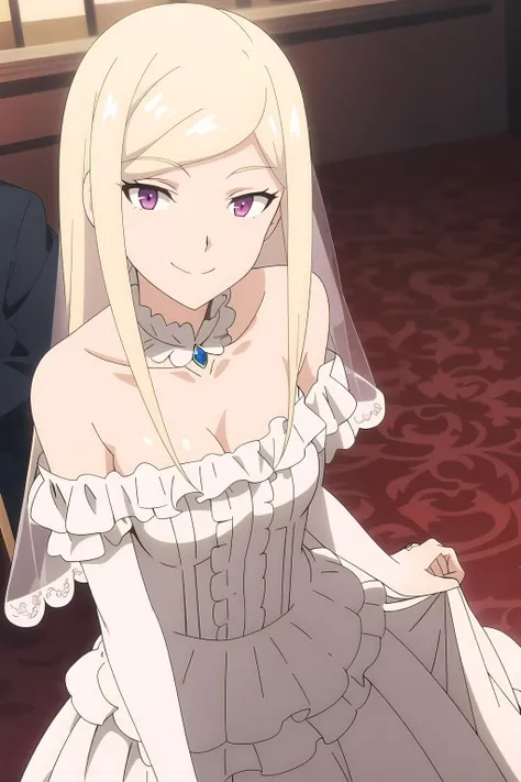 masterpiece, key visual, 1girl, platinum blonde hair, long hair, looking at viewer, fuchsia eyes, solo, smile, Tiana_Erenafelt, (wedding dress, off shoulder:1.2)