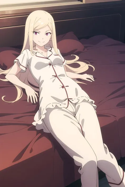 masterpiece, high res, detailed face, detailed eyes, 1 girl, solo, medium hair, white hair, spiked hair, red hair, evil smile, open mouth, fang, bangs, blue airband, white shirt, bare legs, crossed legs, hand on omuth, v sign, sitting on the bed, looking at viewer, full body, cowboy shot. crossed legs, indoors, gothic bedroom vampire <lora:Sierra:1>
