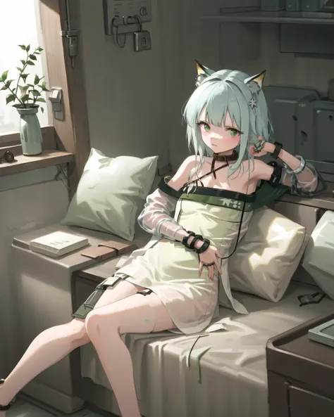 1girl, pillow, handcuffs, animal_ears, green_dress, kal'tsit_\(arknights\), dress, collar, solo, sitting, breasts, green_eyes, bare_shoulders, silver_hair, looking_at_viewer, white_jacket <lora:kaltsit-000018:1>