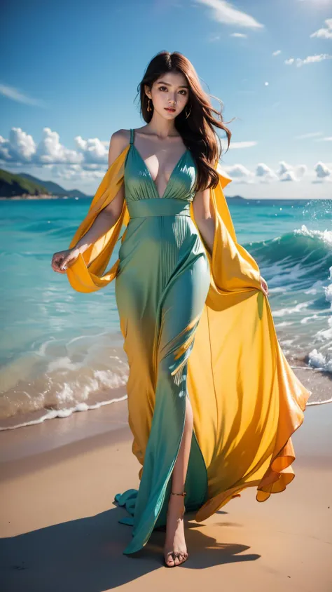 <lora:bo_20230920135652:0.9>,bo,1 girl,full body,sea level,long flowing hair,colorful, chest-length dresses,