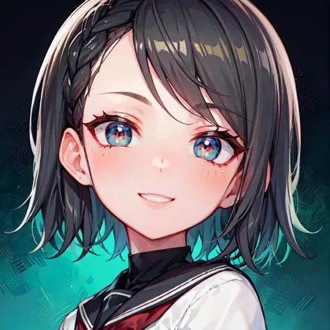 masterpiece, best quality, 4k, 8k, high-res, cinematic lighting, portrait, dynamic angle, close up, face shot, face focus, side face shot, (vibrant color:1.1), black background, simple background,
solo, 1boy, (shiny skin:1.2), (tomgirl:1.2), portrait, head:1.3, (detailed handsome face:1.1), (black hair:1.3), <lora:gwenStacySidecut_gwenStacyV11:0.45> gwen_stacy, very_short_hair, (braided bangs), gold eyes, glowing eyes, gentle, angelic smile, (male school uniform),