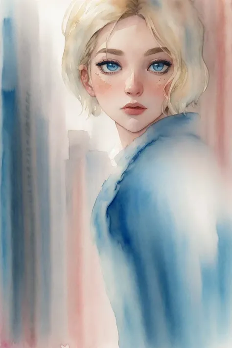 <lora:gwen:0.5>, graphic poster, ((skyscrapers)), (city), ((watercolour, running watercolour:1.6)), (gwen_stacy), (1girl), portrait, solo, spider-suit, blonde_hair, short_hair, (side of head shaved), sidecut, asymmetrical_hair, eyebrow stud, thoughtful, detailed eyes, (dynamic), multicoloured, abstract, soft lines, indistinct, vertical blur, cinematic lighting, (painting by Robbi Rodriguez), light colours, saturated colours, masterpiece, white, teal, magenta, black
