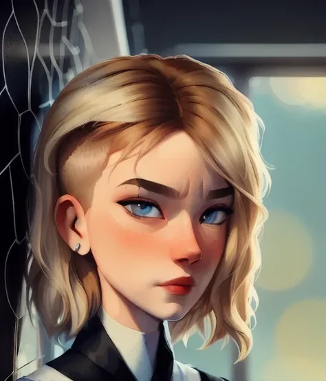 <lora:gwen_stacy_v1.1:0.8>, ((masterpiece)), (cinematic lighting), a close-up, beautiful stylized illustration of gwen_stacy, with a sidecut, asymetrical blonde hair, with incredibly detailed blue eyes and a beautiful detailed face, with parted lips, the side of her head shaved, in a black and white spider-suit with red interior, in the forest in automn, by jeremy mann, by sandra chevrier, by dave mckean and richard avedon and maciej kuciara, high detailed, 8k, samdoesart style