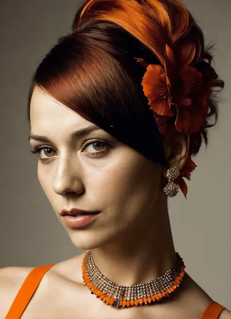 portrait of sks woman by Flora Borsi, style by Flora Borsi, bold, bright colours, orange Mohawk haircut, ((Flora Borsi)), <lora:lora_rashida_v1_from_v1_160:1>