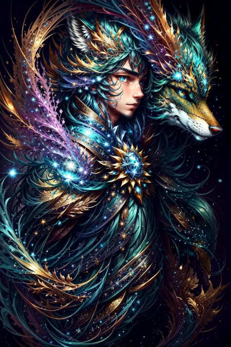 (masterpiece, best quality, ultra-detailed:1.2),  highly detailed face, highly detailed eyes, 
1boy, teenager, (magic particles everywhere:1.2), smirk, magic wolf in background, epic, welcoming, shiny sea green Bellflower druid,  <lora:colorhalf00d-000010:0.7>,  <lora:add_detail:1>