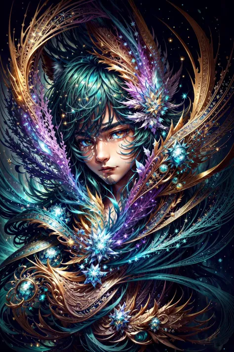 (masterpiece, best quality, ultra-detailed:1.2),  highly detailed face, highly detailed eyes, 
1boy, teenager, (magic particles everywhere:1.2), smirk, magic wolf in background, epic, welcoming, shiny sea green Bellflower druid,  <lora:colorhalf00d-000010:0.7>,  <lora:add_detail:1>