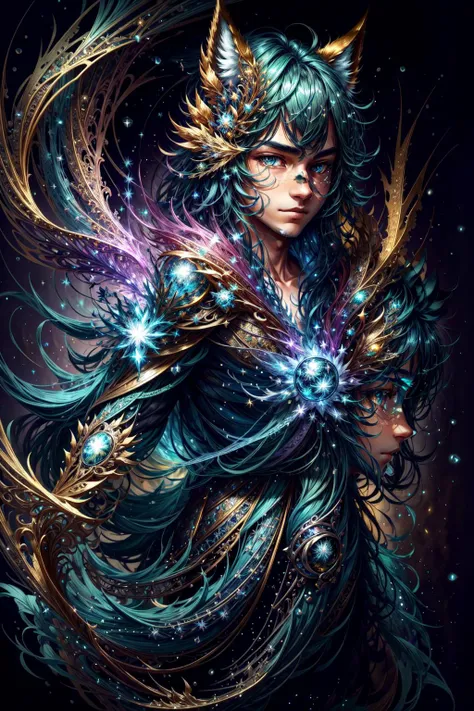 (masterpiece, best quality, ultra-detailed:1.2),  highly detailed face, highly detailed eyes, 
1boy, teenager, (magic particles everywhere:1.2), smirk, magic wolf in background, epic, welcoming, shiny sea green Bellflower druid,  <lora:colorhalf00d-000010:0.7>,  <lora:add_detail:1>