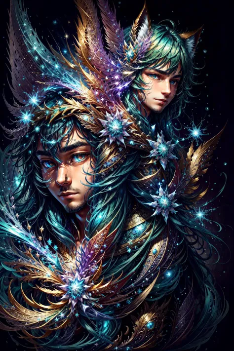 (masterpiece, best quality, ultra-detailed:1.2),  highly detailed face, highly detailed eyes, 
1boy, teenager, (magic particles everywhere:1.2), smirk, magic wolf in background, epic, welcoming, shiny sea green Bellflower druid,  <lora:colorhalf00d-000010:0.7>,  <lora:add_detail:1>