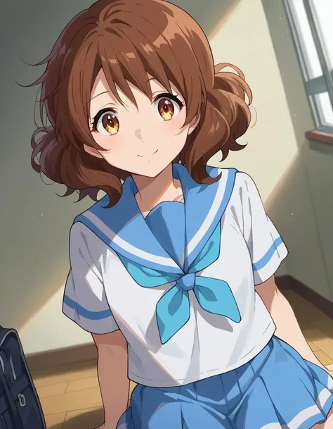 score_9, score_8_up, score_7_up, source_anime,
kumikooumae, <lora:kumiko-oumae-ponyxl-lora-nochekaiser:1>,
kumiko oumae, brown eyes, brown hair, short hair, wavy hair, smile,
skirt, shirt, school uniform, white shirt, short sleeves, pleated skirt, serafuku, sailor collar, blue skirt, neckerchief, blue sailor collar, school bag, blue neckerchief, kitauji high school uniform,
indoors, classroom, hallway, sitting, chair, desk,
looking at viewer, cowboy shot, dutch angle, dynamic pose,
