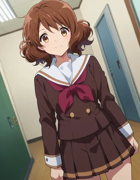 score_9, score_8_up, score_7_up, source_anime,
kumikooumae, <lora:kumiko-oumae-ponyxl-lora-nochekaiser:1>,
kumiko oumae, brown eyes, brown hair, short hair, wavy hair, smile,
skirt, shirt, long sleeves, school uniform, pleated skirt, serafuku, neckerchief, brown skirt, white sailor collar, brown shirt, kitauji high school uniform, red neckerchief,
indoors, classroom, hallway,
looking at viewer, cowboy shot, dutch angle,
