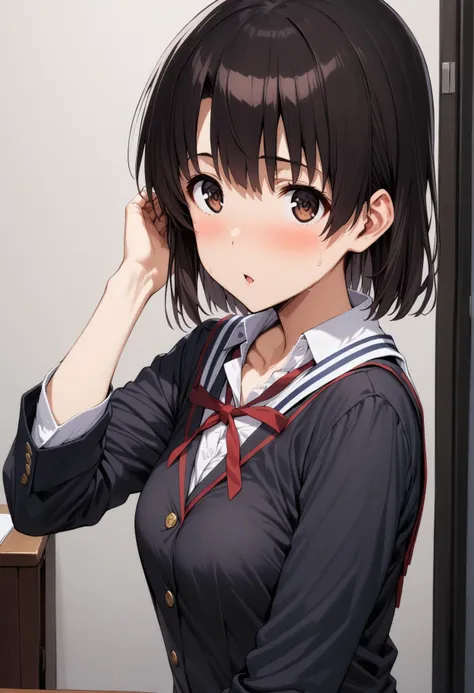 1girl,solo,megumi katou,short hair,black hair,school uniform,  <lora:Megumi_Katou_-_SDXL_Animagine_XL_3.1:0.6>, masterpiece, best quality,Highly detailed,<lora:flat_sdxl:-0.5>,<lora:add-detail-xl:0.25>, <lora:sdxl_offset_example_v10:0.5>, <lora:xl_more_art-full_v1:0.3>,