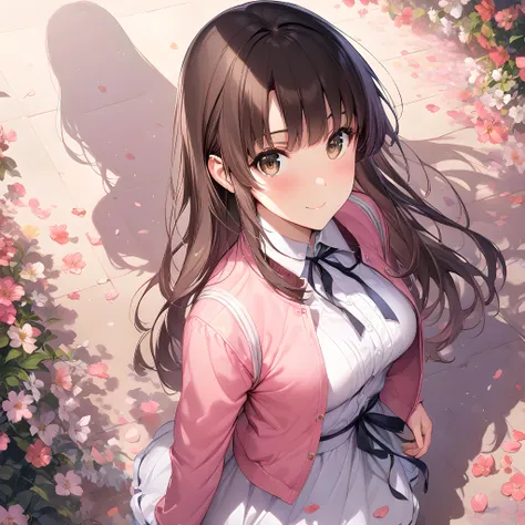 (masterpiece),(best quality),(ultra-detailed),(best illustration),(best shadow),(absurdres),(detailed background),(very aesthetic), megumi katou, 1girl, solo, brown hair, smile, flower, brown eyes, looking at viewer, bangs, sleeveless, jacket, long hair, pink jacket, ribbon, petals, dress <lora:XL-MegumiKatouv2:1>