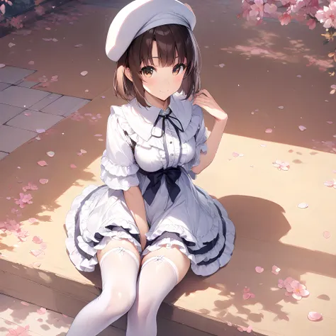 (masterpiece),(best quality),(ultra-detailed),(best illustration),(best shadow),(absurdres),(detailed background),(very aesthetic), megumi katou, 1girl, solo, bangs, thighhighs, hat, looking at viewer, brown eyes, simple background, white thighhighs, brown hair, smile, white headwear, petals, sitting, frills<lora:XL-MegumiKatouv2:1>