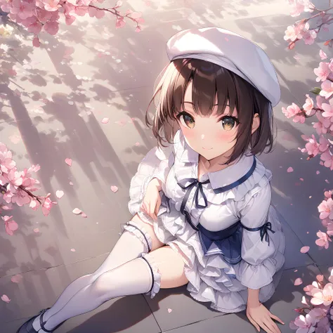 (masterpiece),(best quality),(ultra-detailed),(best illustration),(best shadow),(absurdres),(detailed background),(very aesthetic), megumi katou, 1girl, solo, bangs, thighhighs, hat, looking at viewer, brown eyes, simple background, white thighhighs, brown hair, smile, white headwear, petals, sitting, frills<lora:XL-MegumiKatouv2:1>