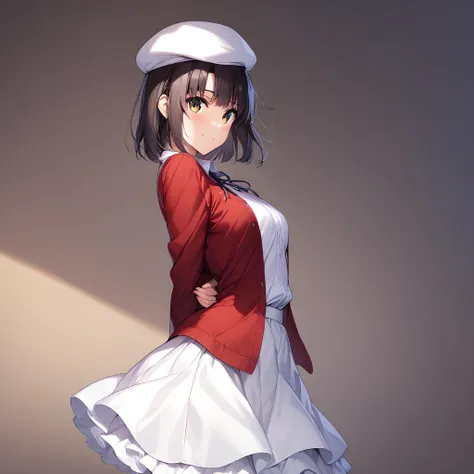 (masterpiece),(best quality),(ultra-detailed),(best illustration),(best shadow),(absurdres),(detailed background),(very aesthetic), looking at viewer, 1girl, solo, megumi katou, smiling, standing, upper body view, white beret, white dress, white skirt, red jacket, opened jacket, hands behind back, arms behind back, looking at viewer, from the front<lora:XL-MegumiKatouv2:1>