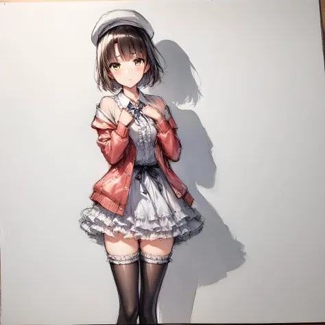 (masterpiece),(best quality),(ultra-detailed),(best illustration),(best shadow),(absurdres),(detailed background),(very aesthetic), megumi katou, 1girl, solo, thighhighs, short hair, hat, headwear removed, dress, hat removed, sketch, traditional media, blush, jacket, frills, white background, simple background<lora:XL-MegumiKatouv2:1>