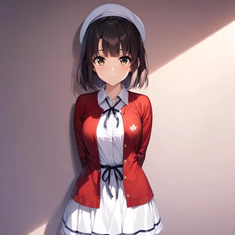 (masterpiece),(best quality),(ultra-detailed),(best illustration),(best shadow),(absurdres),(detailed background),(very aesthetic), looking at viewer, 1girl, solo, megumi katou, smiling, standing, upper body view, white beret, white dress, white skirt, red jacket, opened jacket, hands behind back, arms behind back, looking at viewer, from the front<lora:XL-MegumiKatouv2:1>