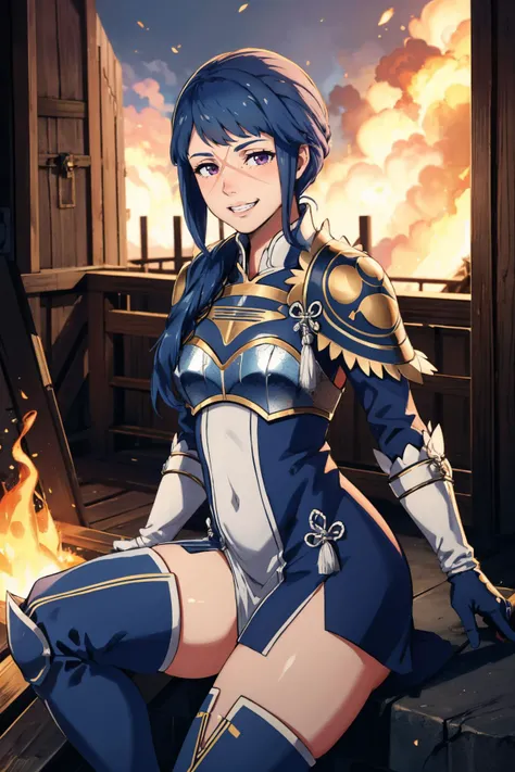 <lora:fereina-nvwls-v1:0.8> fereina, scar on face, armor, short dress, gloves, thigh boots
masterpiece, best quality, absurdres, creepy grin, town, on fire,