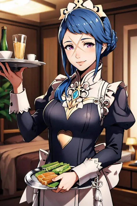 masterpiece, best quality, fereina, scar on face, fates maid, smile, maid headdress, bedroom, looking at viewer, holding tray <lora:fereina-nvwls-v1-000009:0.9> <lora:FEFatesMaid_v1:1>