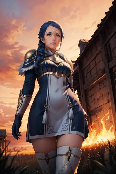 masterpiece, best quality, fereina, scar on face, armor, short dress, gloves, thigh boots, standing, (from below:1.3), serious, furrowed brow, shaded face, red sky, fire, field, looking at viewer, pov <lora:fereina-nvwls-v1-000009:0.9>