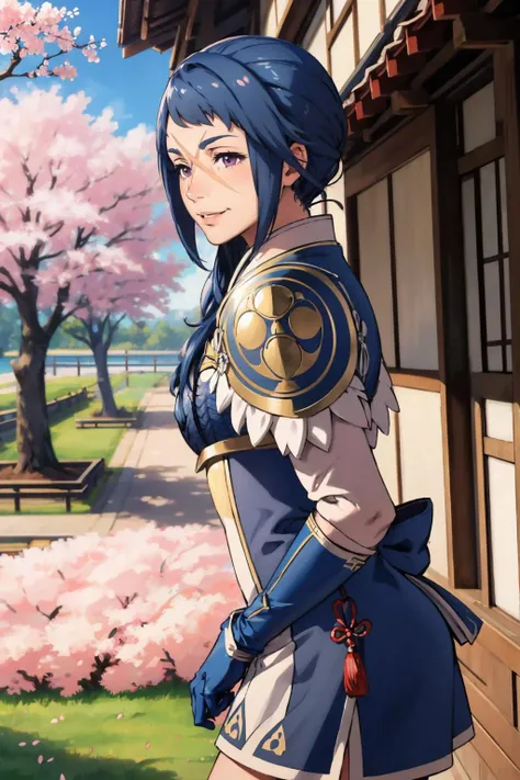 masterpiece, best quality, fereina, scar on face, armor, short dress, gloves, cowboy shot, furrowed brow, smile, standing, japanese architecture, cherry blossom, from side <lora:fereina-nvwls-v1-000009:0.9>