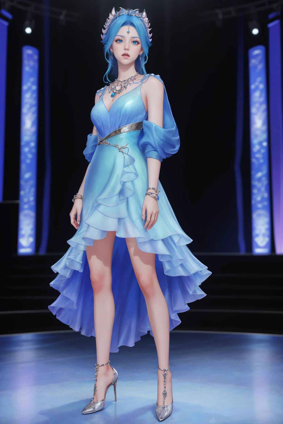 8k,highres,absurdres,masterpiece,best quality,original,extremely detailed CG,extremely detailed wallpaper,perfect lighting,<lyco:GoodHands-beta2:1>,
1girl,solo,blurry_background,looking_at_viewer,standing on the stage,
<lora:WZRYdiaochanHQG:0.6>,WZRYdiaochanHQG,blue hair,dress,bare legs,long hair,blue eyes,hair ornament,jewelry,high heels,necklace,puffy long sleeves,